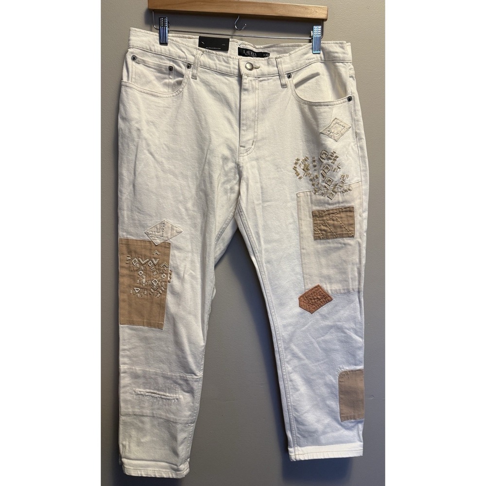 Ralph Lauren Patchwork Relaxed Tapered Ankle Jeans Women Size 12 Cream Boho New